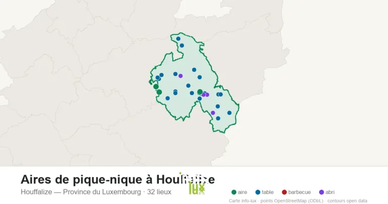 Carte des 32 aires de pique-nique de Houffalize