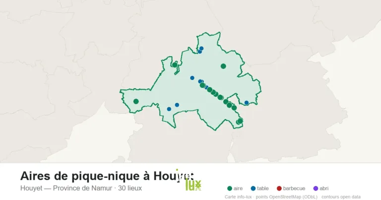 Carte des 30 aires de pique-nique de Houyet