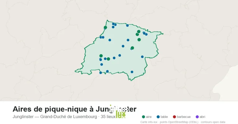 Carte des 35 aires de pique-nique de Junglinster