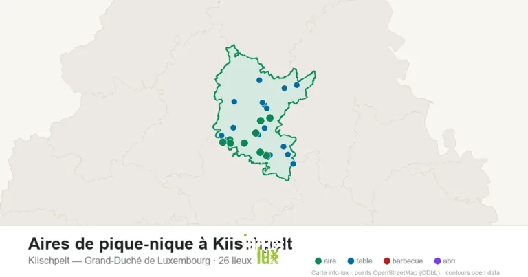 Carte des 26 aires de pique-nique de Kiischpelt