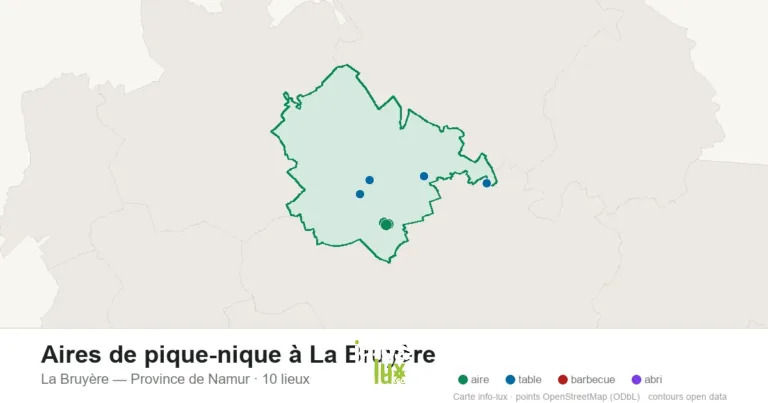 Carte des 10 aires de pique-nique de La Bruyère