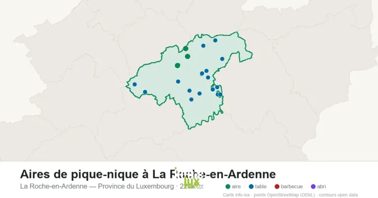 Carte des 22 aires de pique-nique de La Roche-en-Ardenne