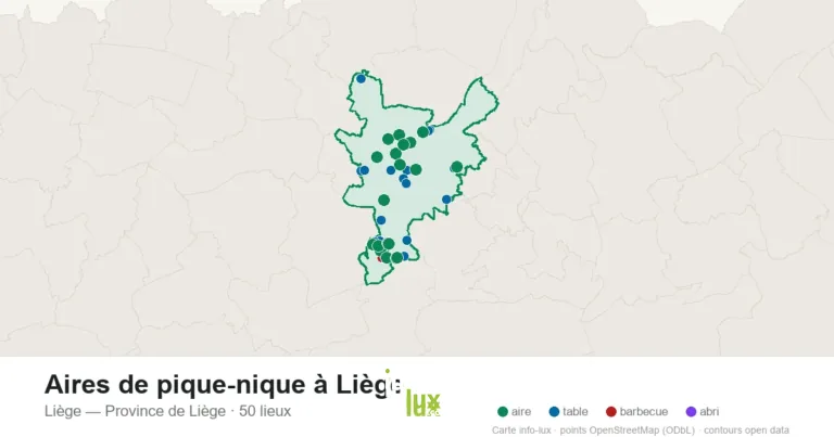 Carte des 50 aires de pique-nique de Liège