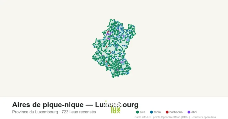 Carte des 723 aires de pique-nique — province de Luxembourg