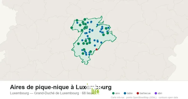 Carte des 68 aires de pique-nique de Luxembourg