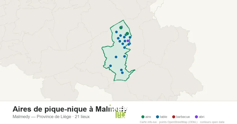 Carte des 21 aires de pique-nique de Malmedy