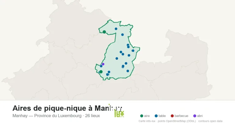Carte des 26 aires de pique-nique de Manhay