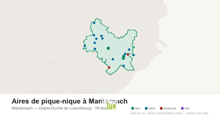 Carte des 19 aires de pique-nique de Manternach