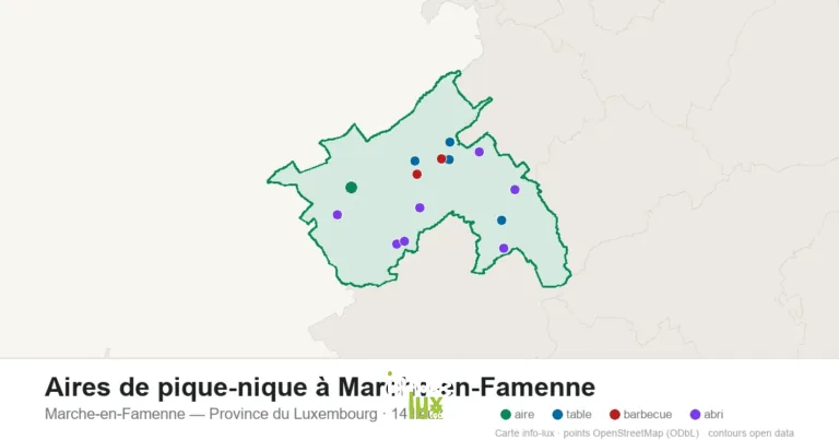 Carte des 14 aires de pique-nique de Marche-en-Famenne