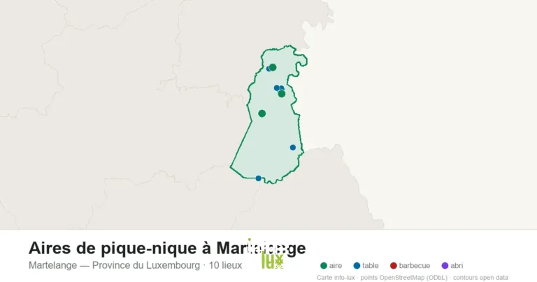 Carte des 10 aires de pique-nique de Martelange