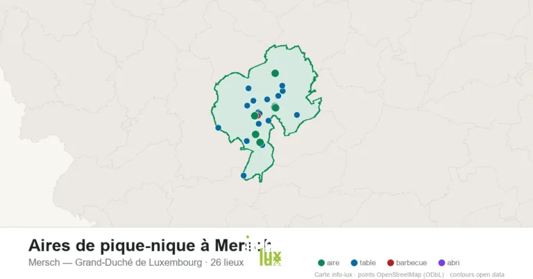 Carte des 26 aires de pique-nique de Mersch