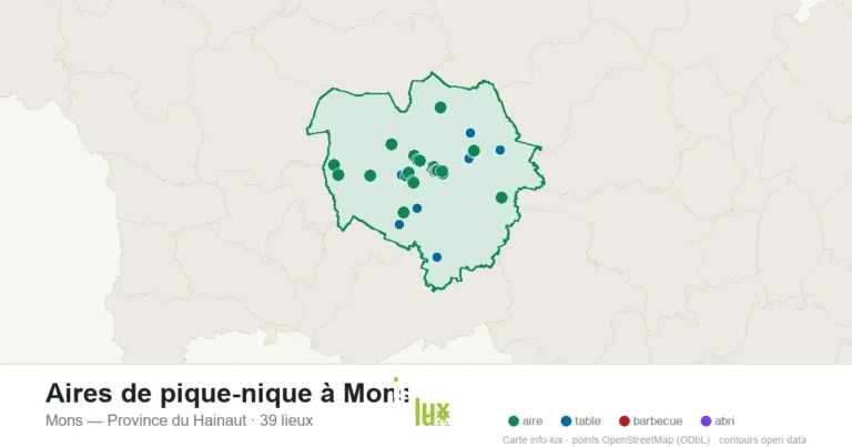 Aires de pique-nique à Mons : les 39 tables, aires et barbecues sur la carte (2026)