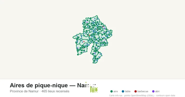 Carte des 465 aires de pique-nique — province de Namur