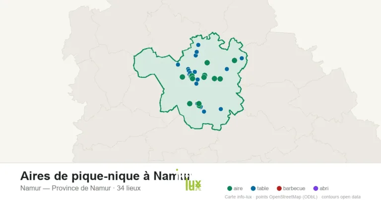 Aires de pique-nique à Namur : les 34 tables, aires et barbecues sur la carte (2026)