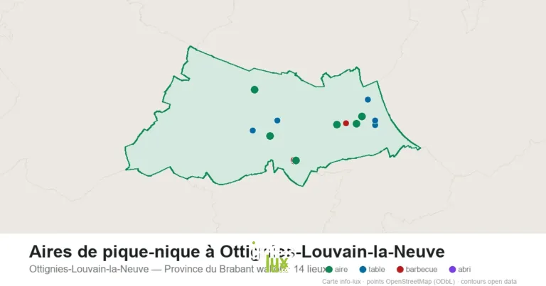 Carte des 14 aires de pique-nique de Ottignies-Louvain-la-Neuve