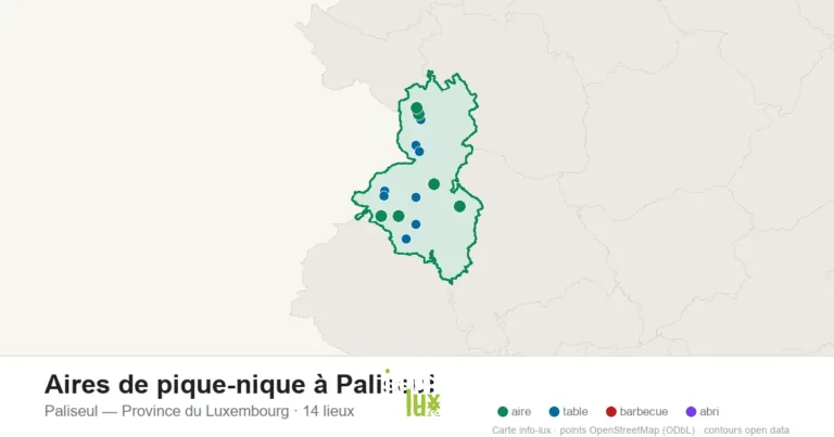 Carte des 14 aires de pique-nique de Paliseul