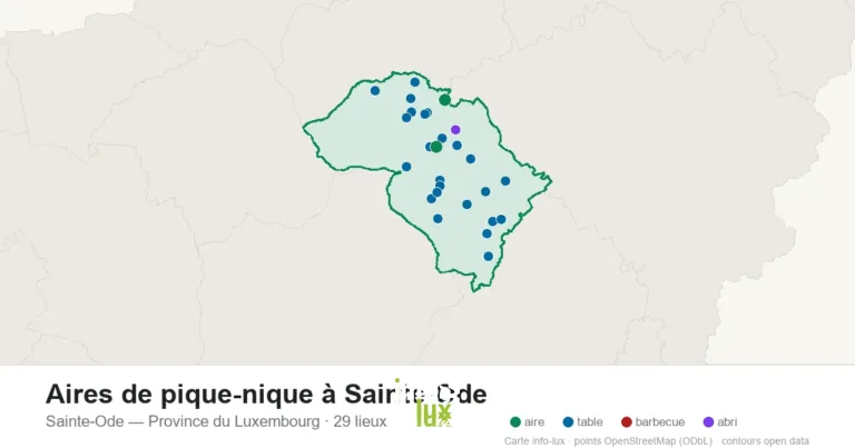 Carte des 29 aires de pique-nique de Sainte-Ode