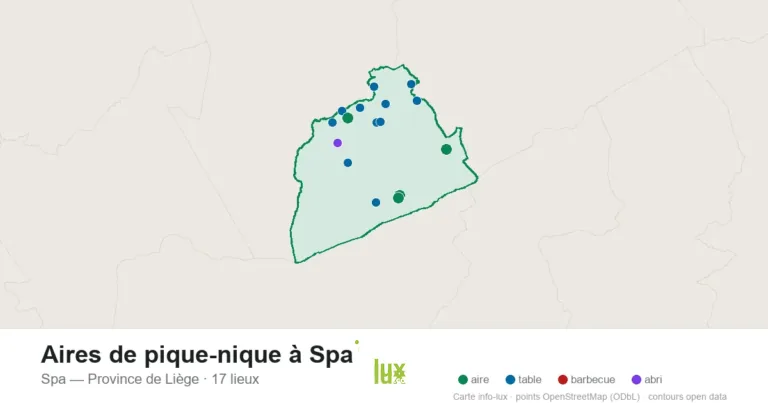 Carte des 17 aires de pique-nique de Spa
