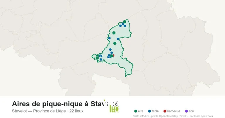 Carte des 22 aires de pique-nique de Stavelot