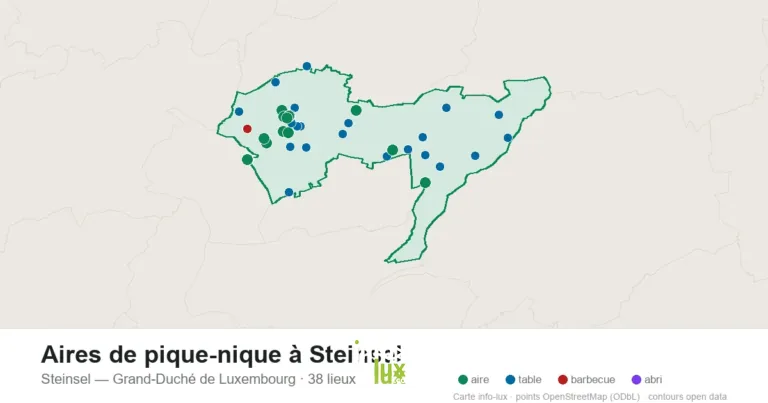 Carte des 38 aires de pique-nique de Steinsel