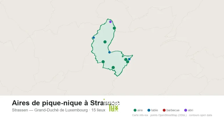 Carte des 15 aires de pique-nique de Strassen
