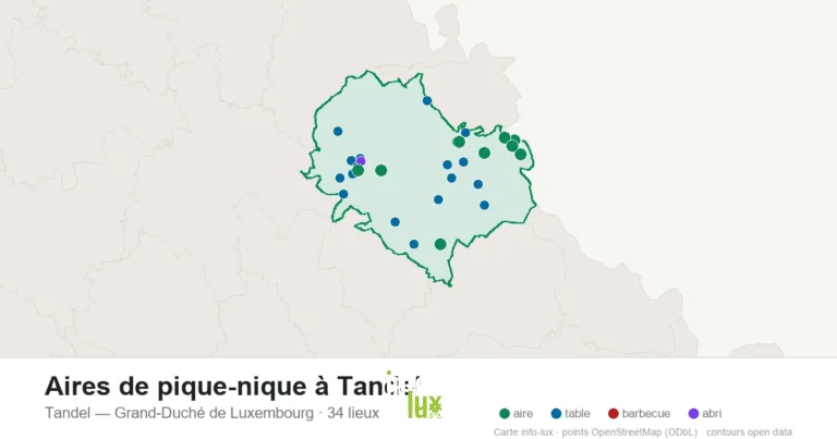 Carte des 34 aires de pique-nique de Tandel