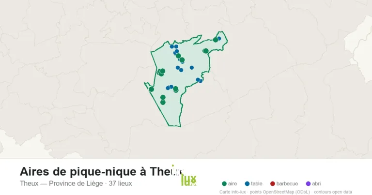 Carte des 37 aires de pique-nique de Theux
