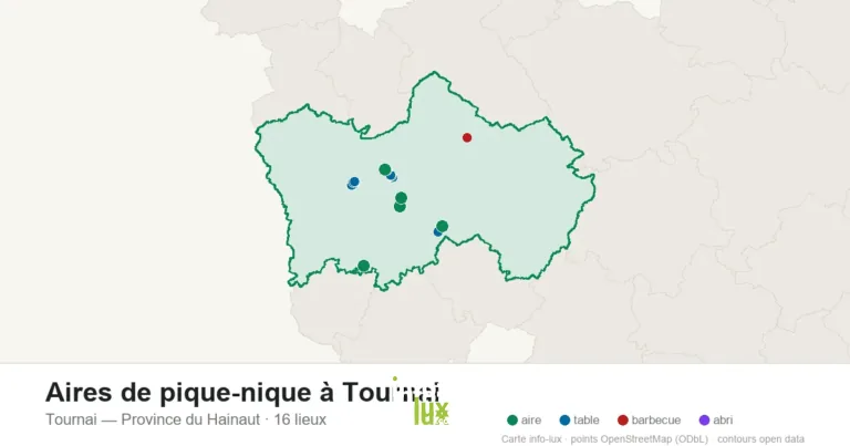 Carte des 16 aires de pique-nique de Tournai
