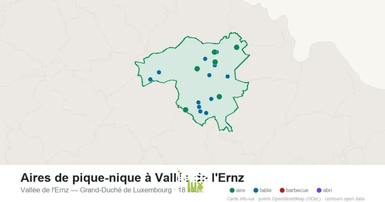 Carte des 18 aires de pique-nique de Vallée de l'Ernz