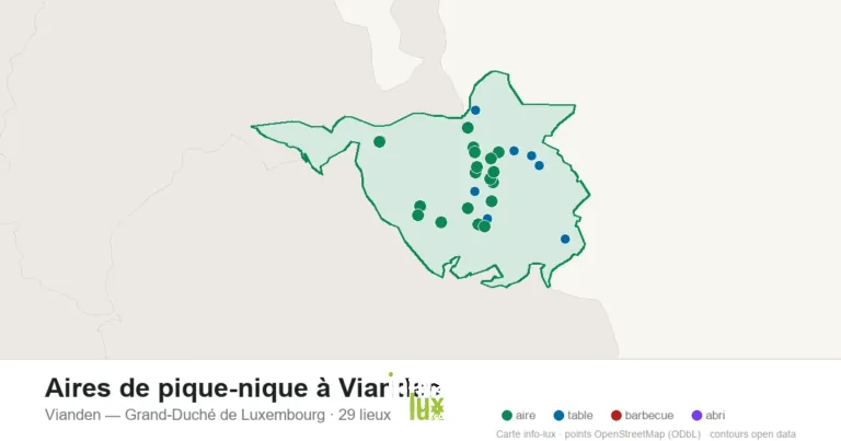 Carte des 29 aires de pique-nique de Vianden
