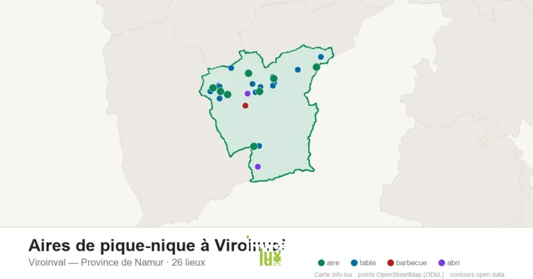 Carte des 26 aires de pique-nique de Viroinval