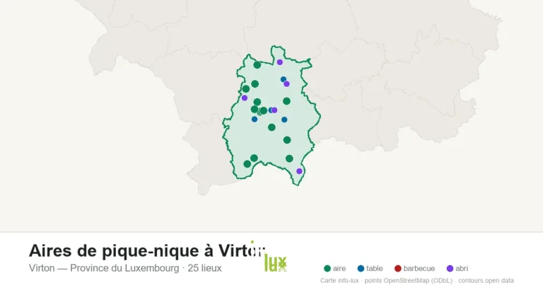 Carte des 25 aires de pique-nique de Virton