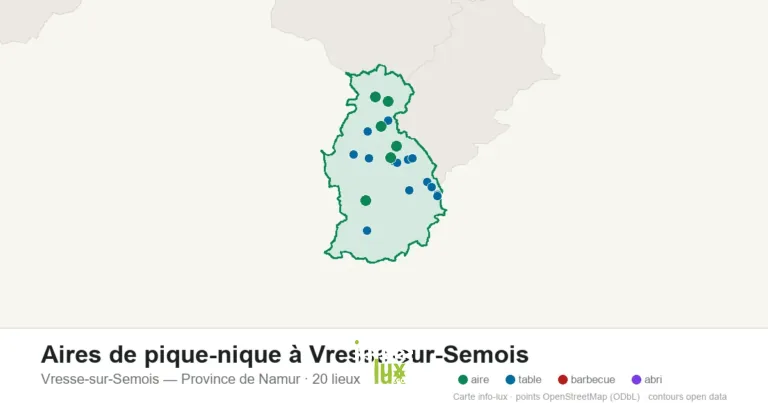 Aires de pique-nique à Vresse-sur-Semois : les 20 tables, aires et barbecues sur la carte (2026)