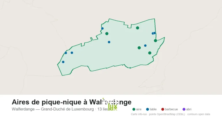 Carte des 13 aires de pique-nique de Walferdange