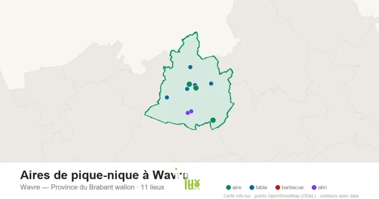Carte des 11 aires de pique-nique de Wavre