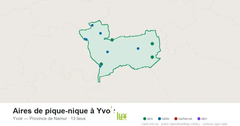 Aires de pique-nique à Yvoir : les 13 tables, aires et barbecues sur la carte (2026)