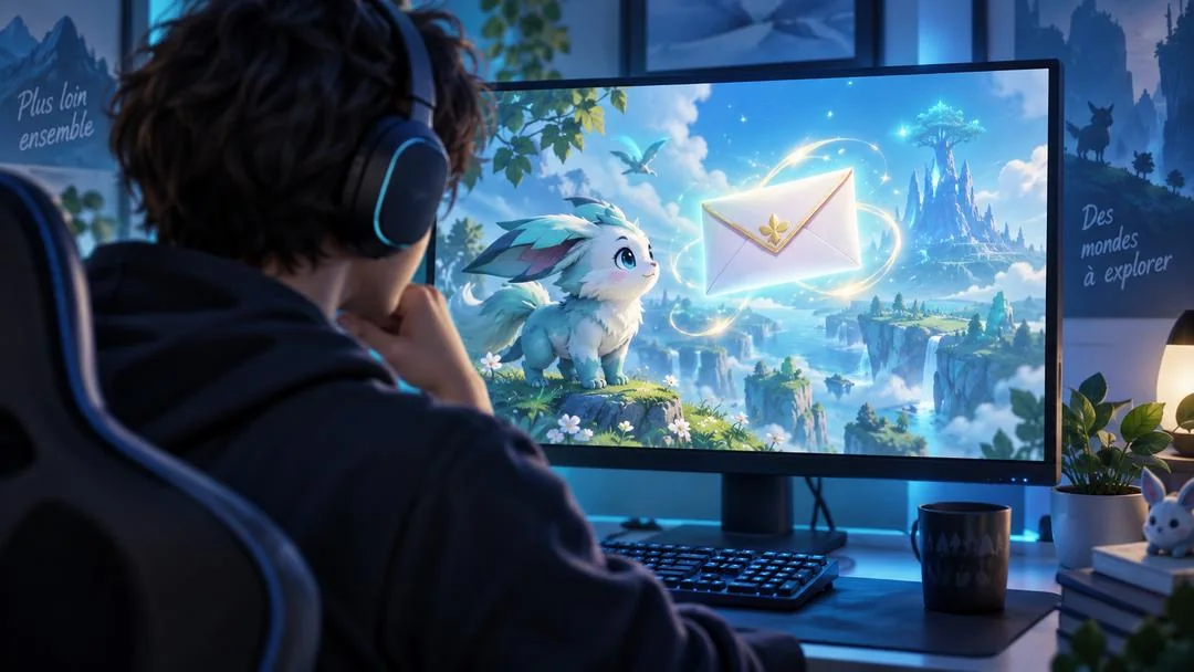 Un joueur au casque devant son écran, où une enveloppe dorée symbolise le courrier en jeu d’Aniimo