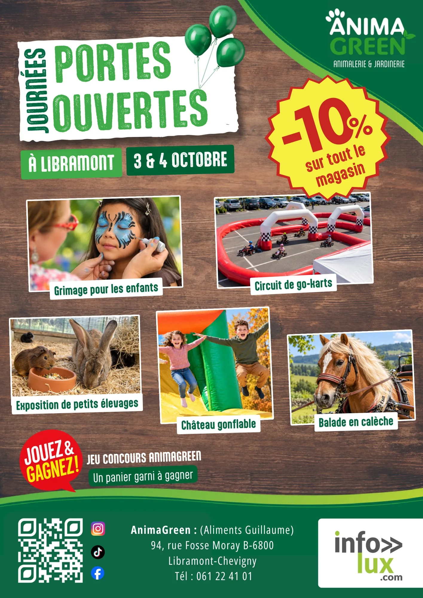 Flyer des journées portes ouvertes Animagreen Libramont, 3 et 4 octobre, animalerie et jardinerie, -10 % sur tout le magasin, avec le logo info-lux partenaire