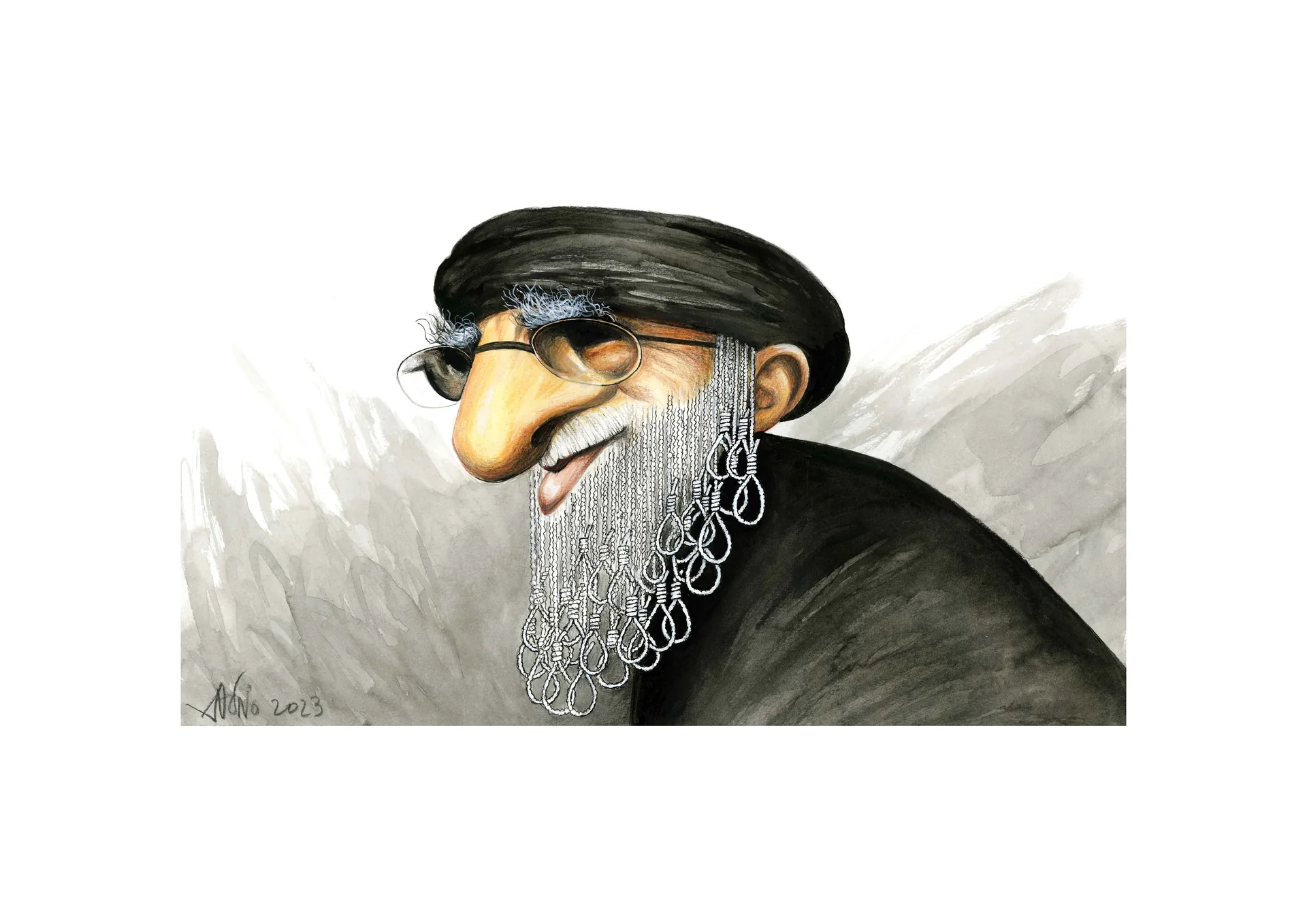 Dessin d’António : un dignitaire iranien à turban noir et lunettes, barbe blanche
