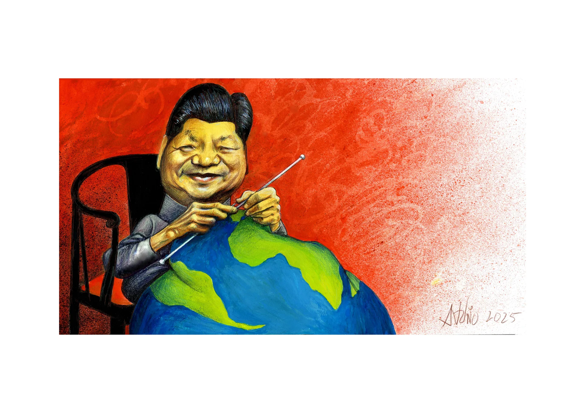 Dessin d’António : le président chinois tricote le globe terrestre sur fond rouge