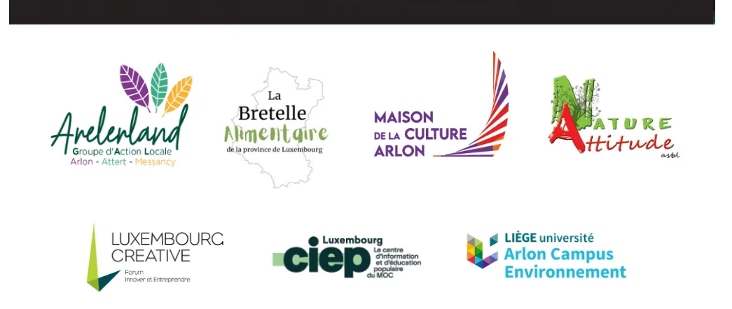 Logos des sept partenaires du festival Assiettons-nous : GAL Arelerland, La Bretelle alimentaire, Maison de la Culture d’Arlon, Nature Attitude, Luxembourg Creative, CIEP Luxembourg, ULiège Arlon Campus Environnement