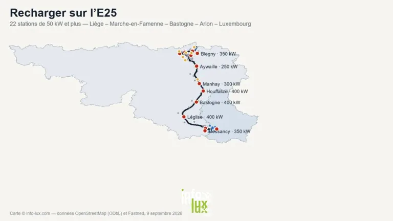 Carte des bornes de recharge rapide le long de E25 en Wallonie