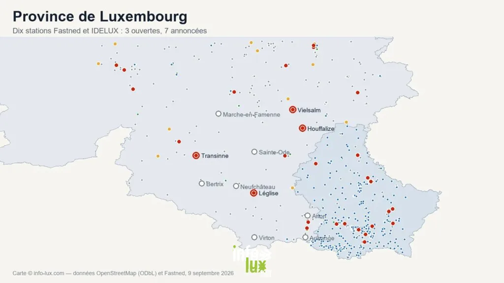 Carte des dix stations de recharge Fastned et IDELUX en province de Luxembourg