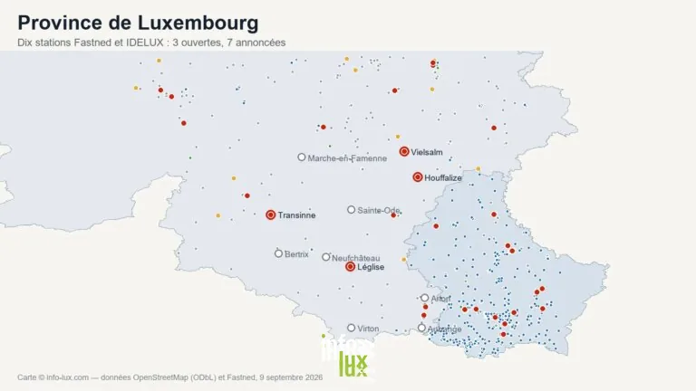 Carte des dix stations de recharge Fastned et IDELUX en province de Luxembourg