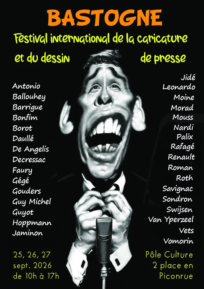 Affiche du Festival international de la caricature et du dessin de presse de Bastogne 2026, dessin de Moine : un homme hurlant dans un micro