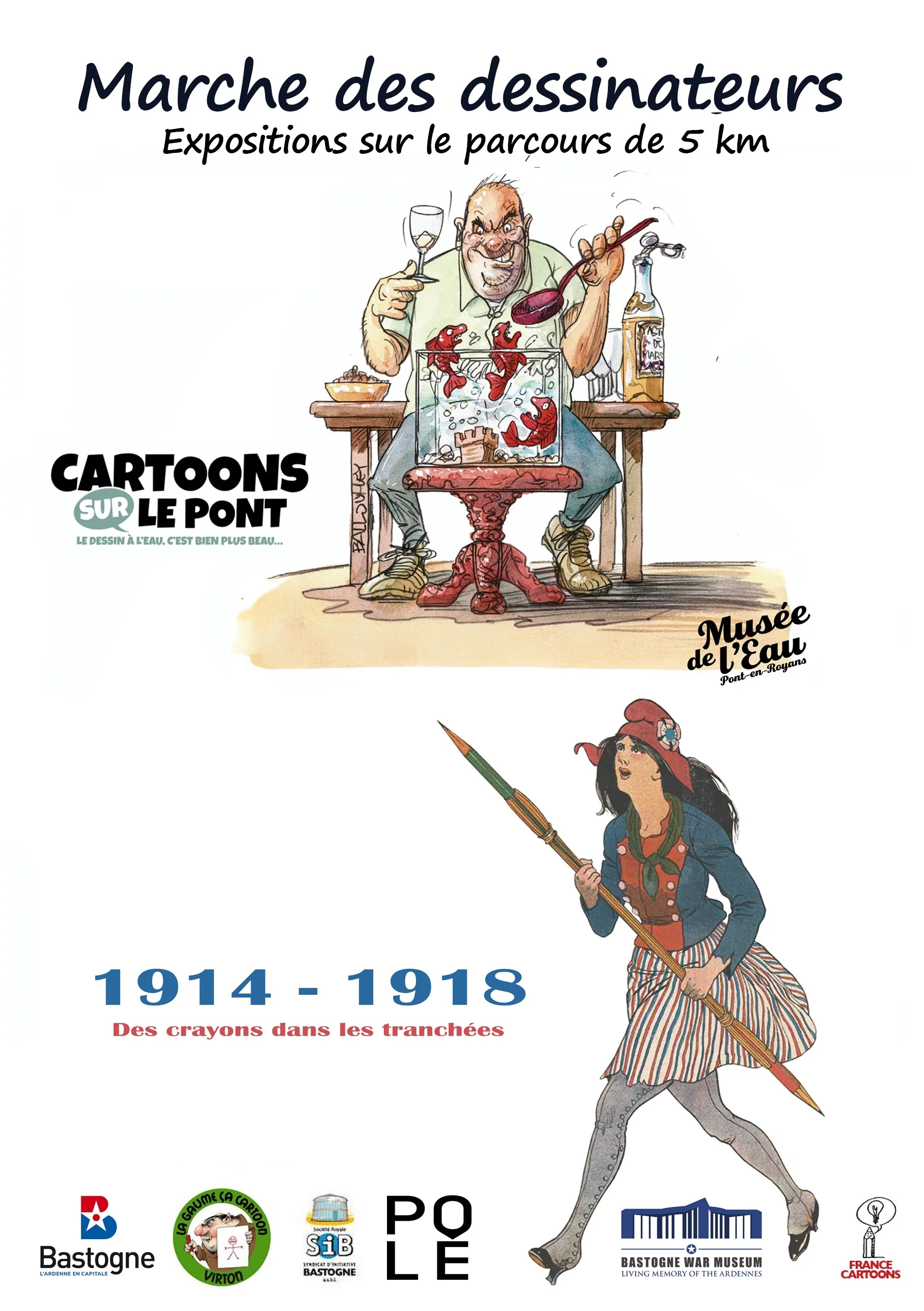 Flyer de la Marche des dessinateurs : expositions sur un parcours de 5 km, Cartoons sur le pont et 1914-1918 Des crayons dans les tranchées