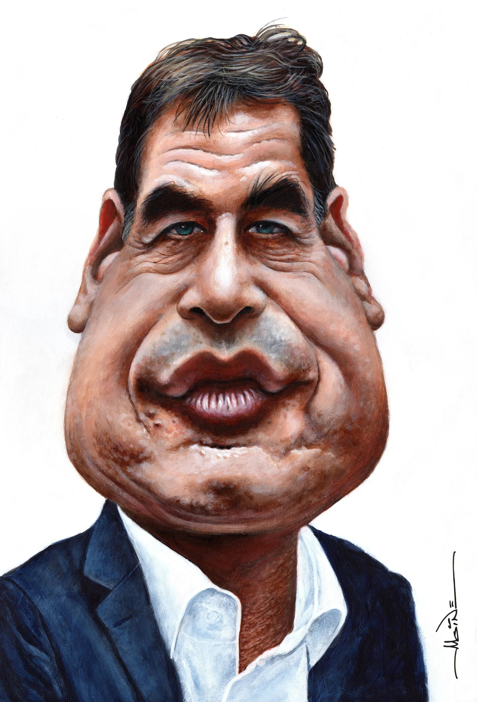 Caricature de Benoît Lutgen, bourgmestre de Bastogne, en veste bleue et chemise blanche