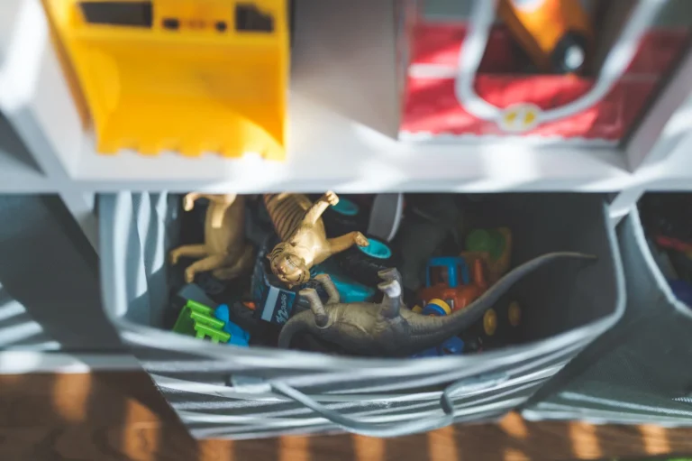 Jouets d'occasion — figurines, dinosaures et petites voitures — rangés dans une caisse