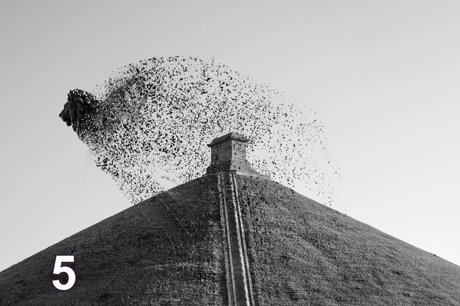 La Butte du Lion en noir et blanc, une nuée d’oiseaux s’élevant du sommet — photo de Marie-Jo Gauthier, 5e du vote du public