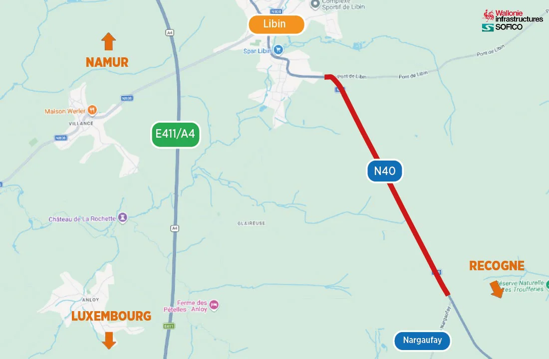 Carte SOFICO du tronçon de la N40 fermé entre l’entrée de Libin et le carrefour de Nargaufay, déviation par l’E411 et la N89